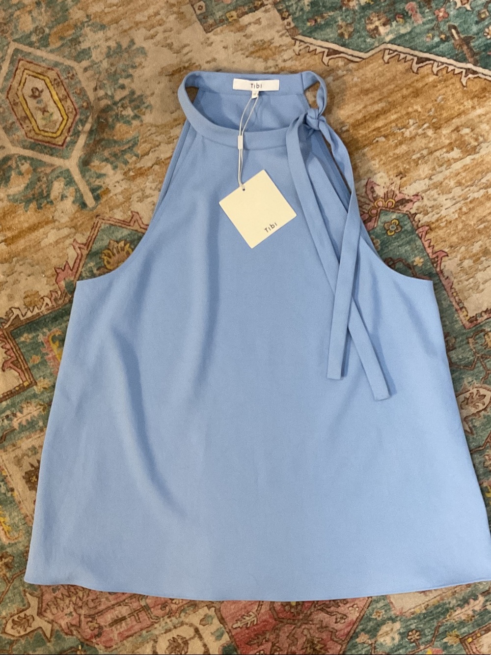 Tibi Chalky Drape Halter Top Tie Neck Blouse Dusty Blue Sz 12 NWT